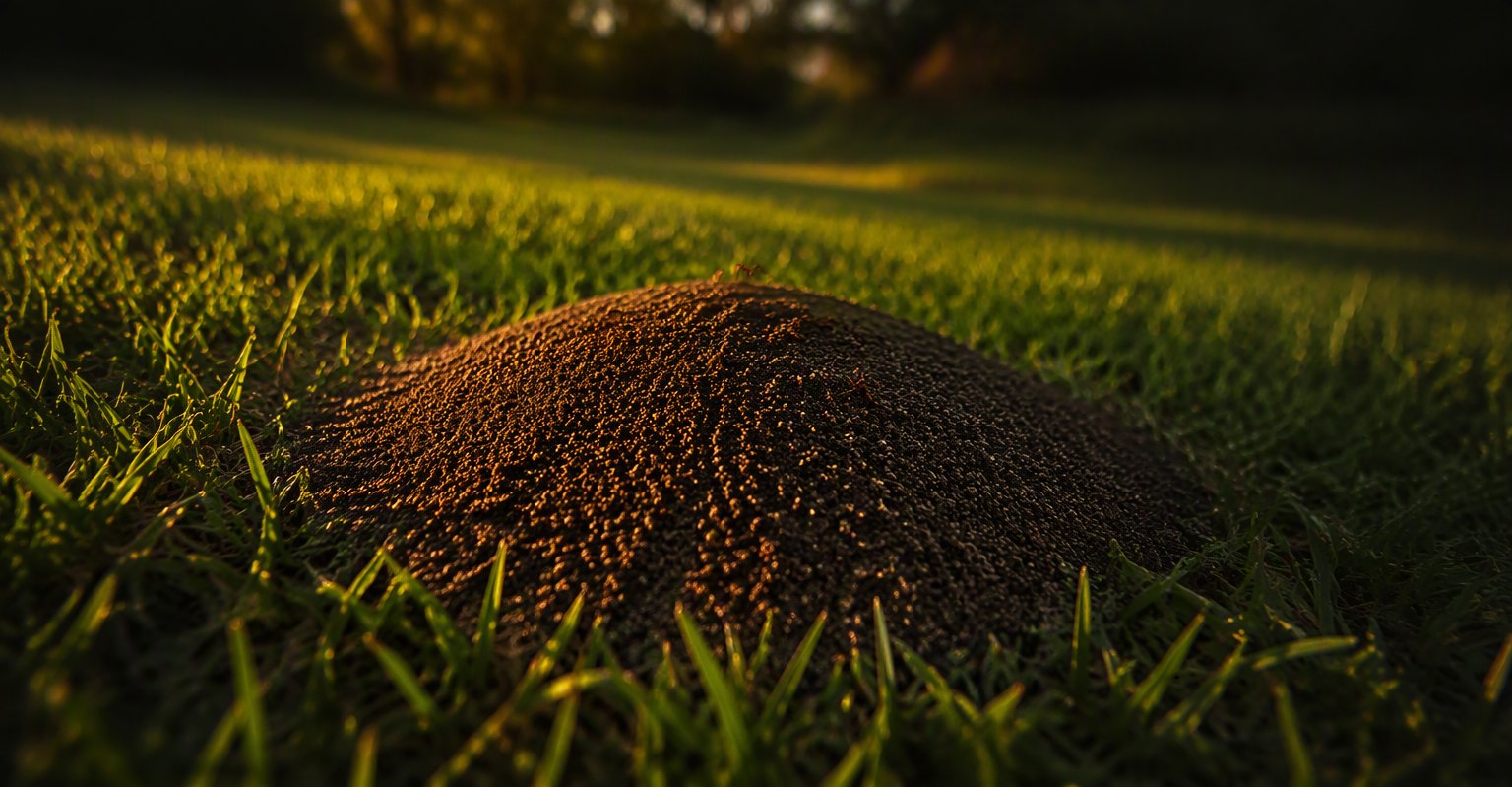 Fire ant mound in a green lawn at golden hour